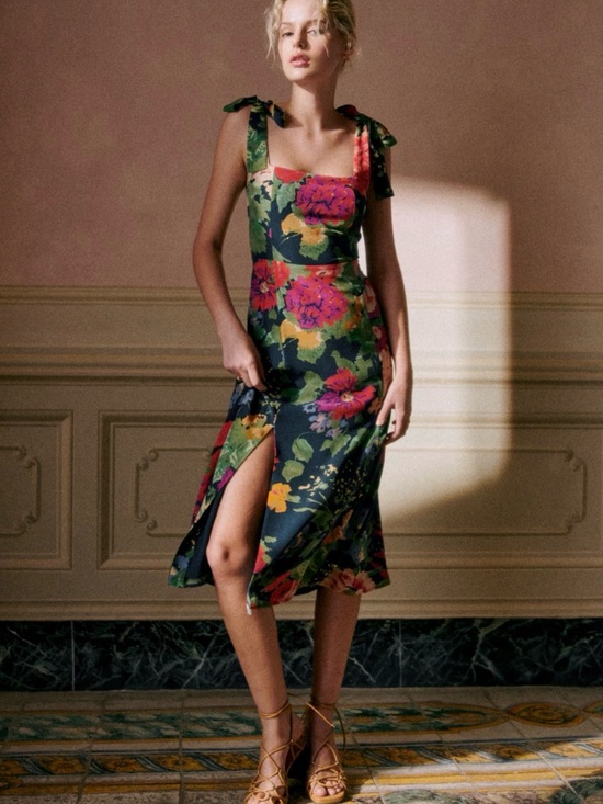 Sezane Dresses & Skirts - Sézane Floral Midi Dress in Navy with Pink & Green Accents